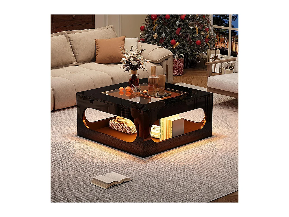 Table basse carrée creuse centre plateau verre trempé LED brillante noire MDF