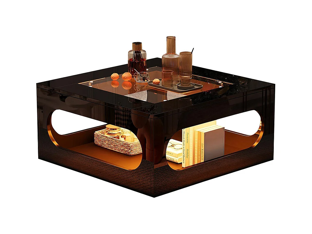 Table basse carrée creuse centre plateau verre trempé LED brillante noire MDF