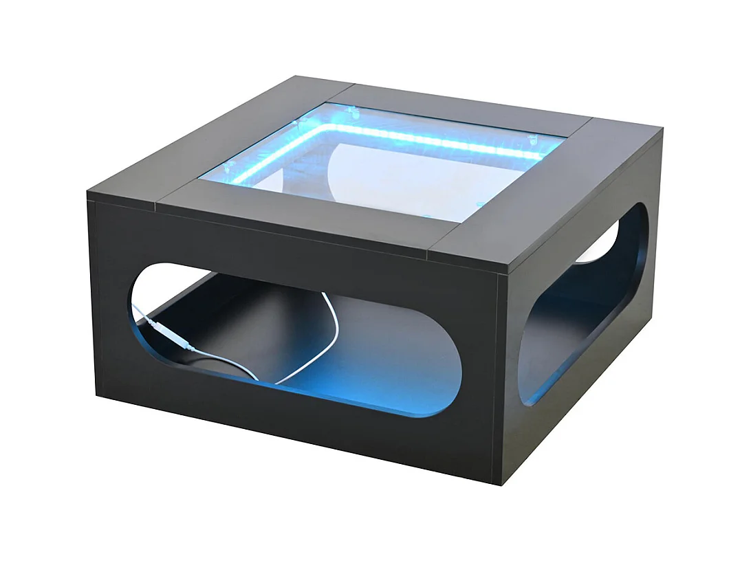 Table basse carrée creuse centre plateau verre trempé LED brillante noire MDF