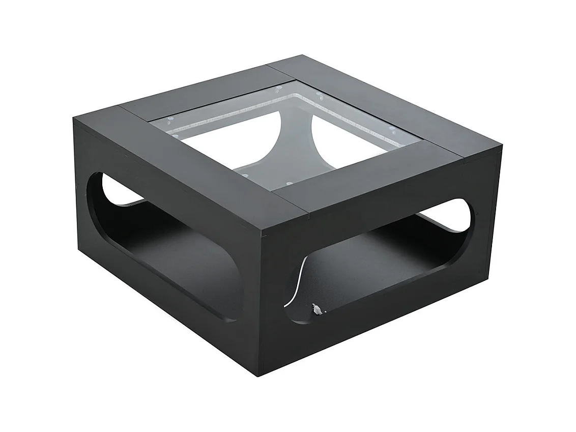 Table basse carrée creuse centre plateau verre trempé LED brillante noire MDF