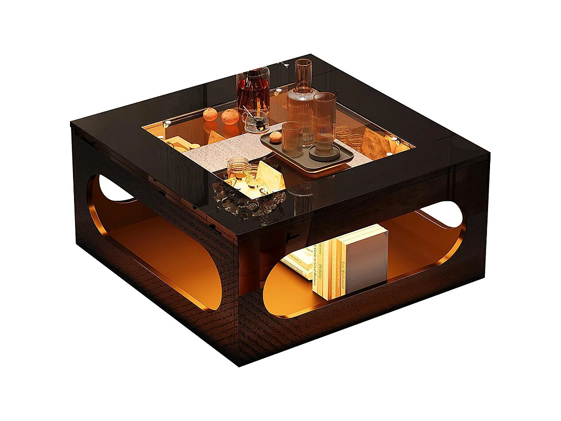 Table basse carrée creuse centre plateau verre trempé LED brillante noire MDF
