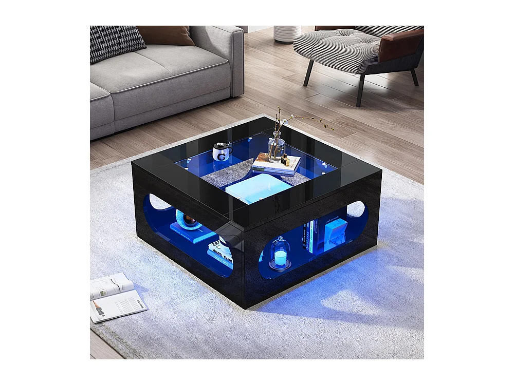 Table basse carrée creuse centre plateau verre trempé LED brillante noire MDF