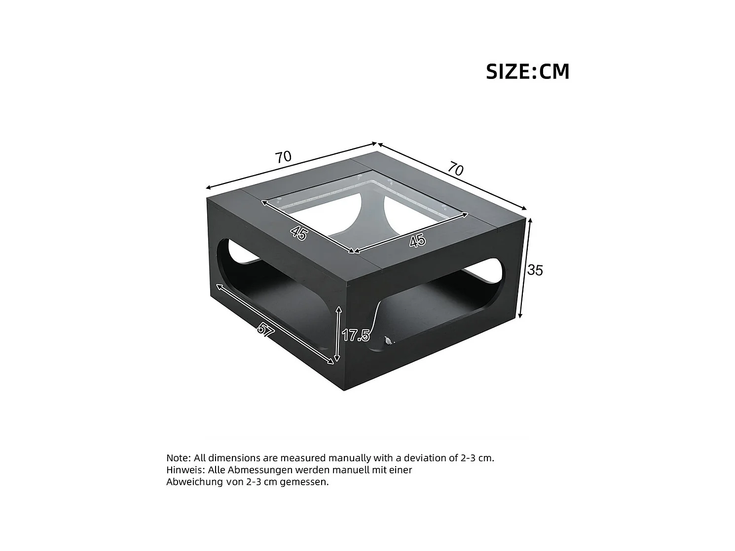 Table basse carrée creuse centre plateau verre trempé LED brillante noire MDF