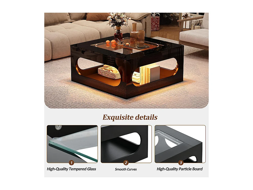Table basse carrée creuse centre plateau verre trempé LED brillante noire MDF