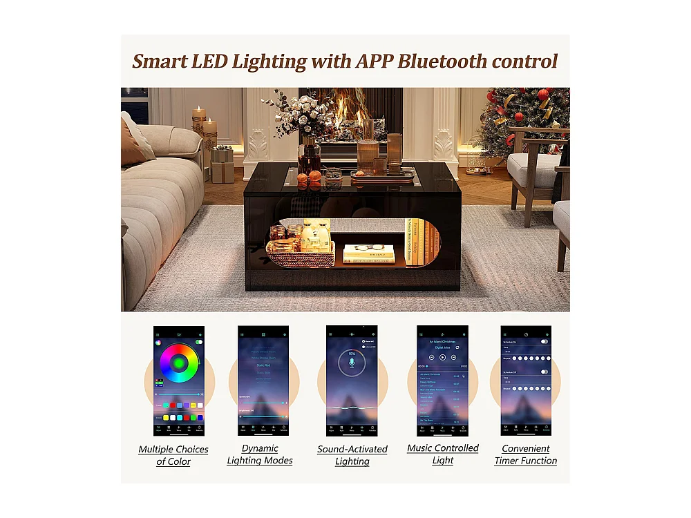 Table basse carrée creuse centre plateau verre trempé LED brillante noire MDF