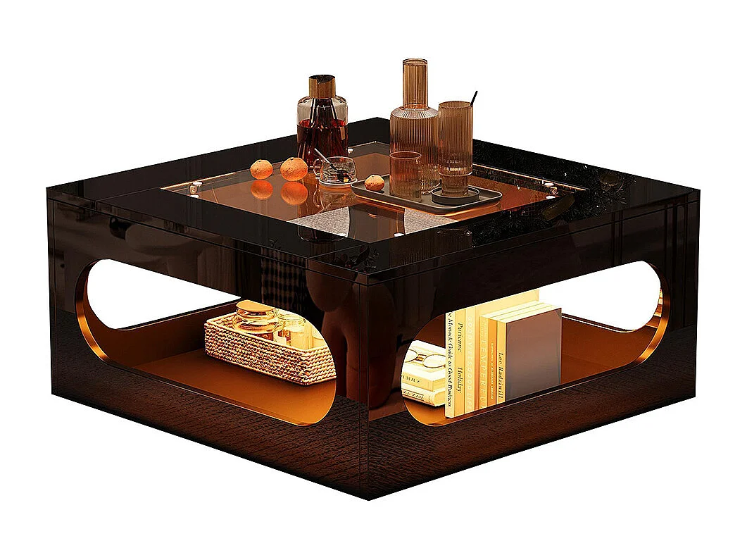 Table basse carrée creuse centre plateau verre trempé LED brillante noire MDF