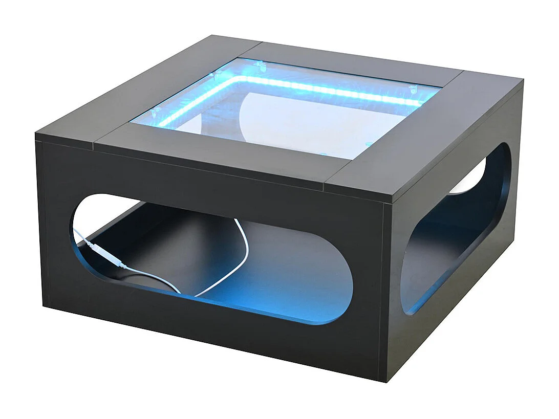Table basse carrée creuse centre plateau verre trempé LED brillante noire MDF