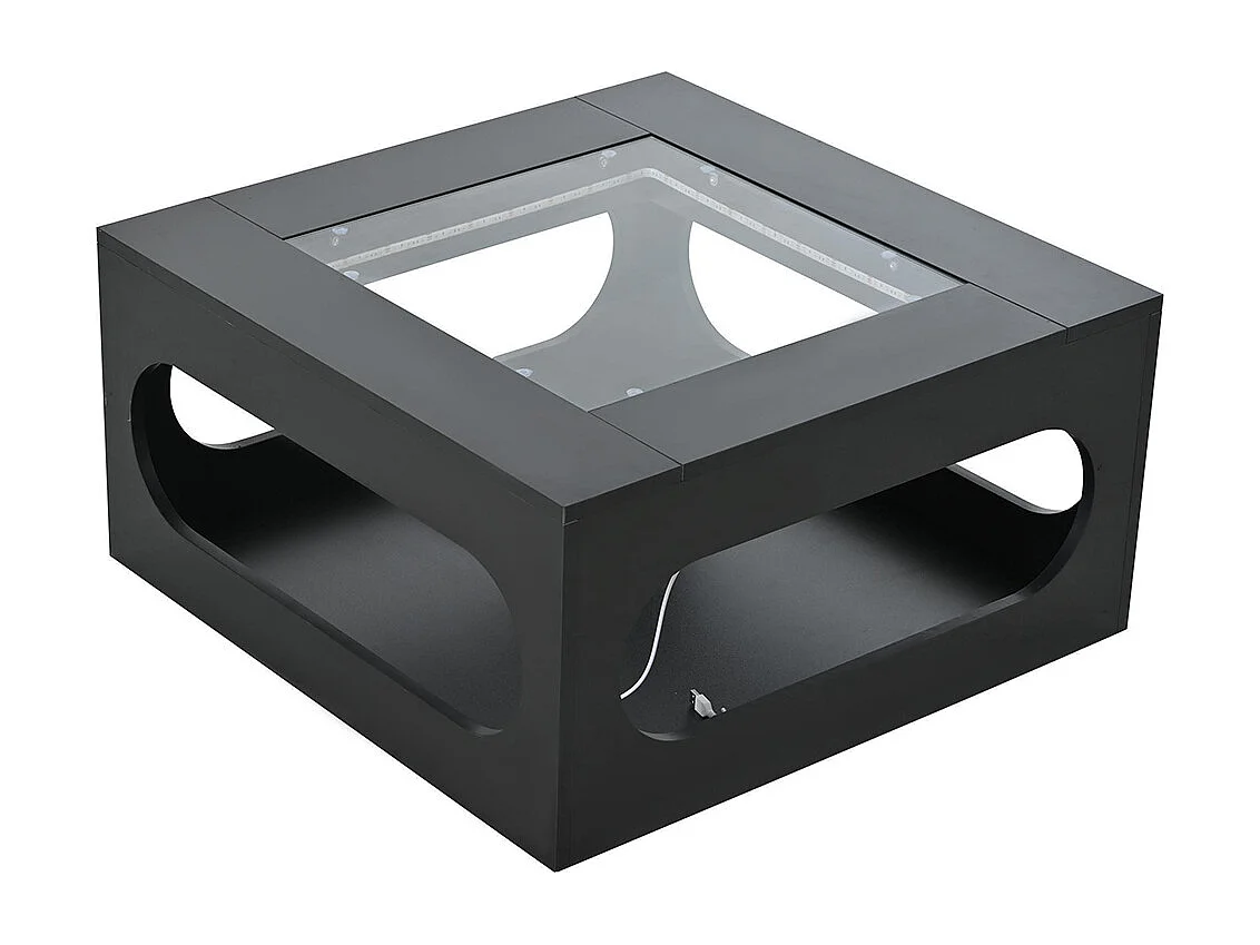 Table basse carrée creuse centre plateau verre trempé LED brillante noire MDF