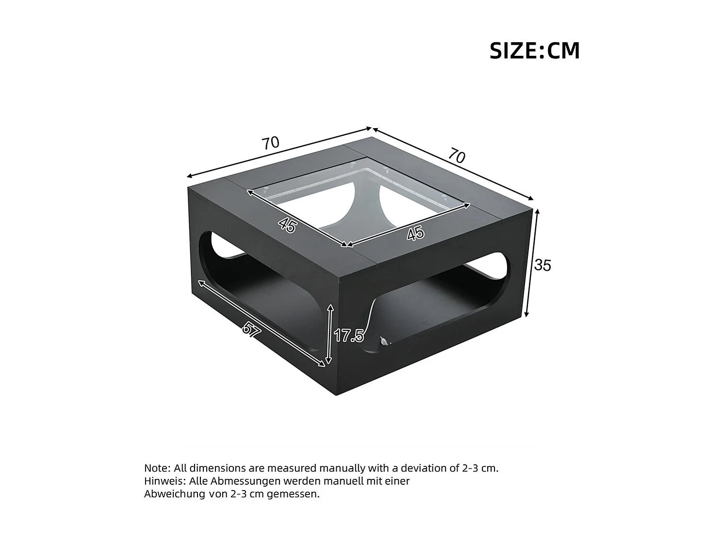 Table basse carrée creuse centre plateau verre trempé LED brillante noire MDF