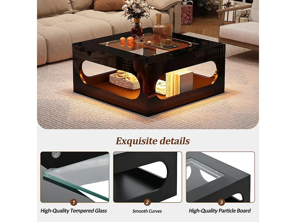 Table basse carrée creuse centre plateau verre trempé LED brillante noire MDF