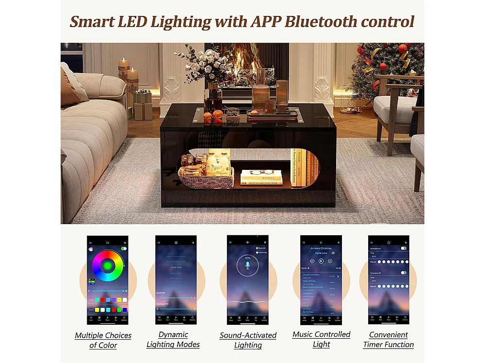 Table basse carrée creuse centre plateau verre trempé LED brillante noire MDF