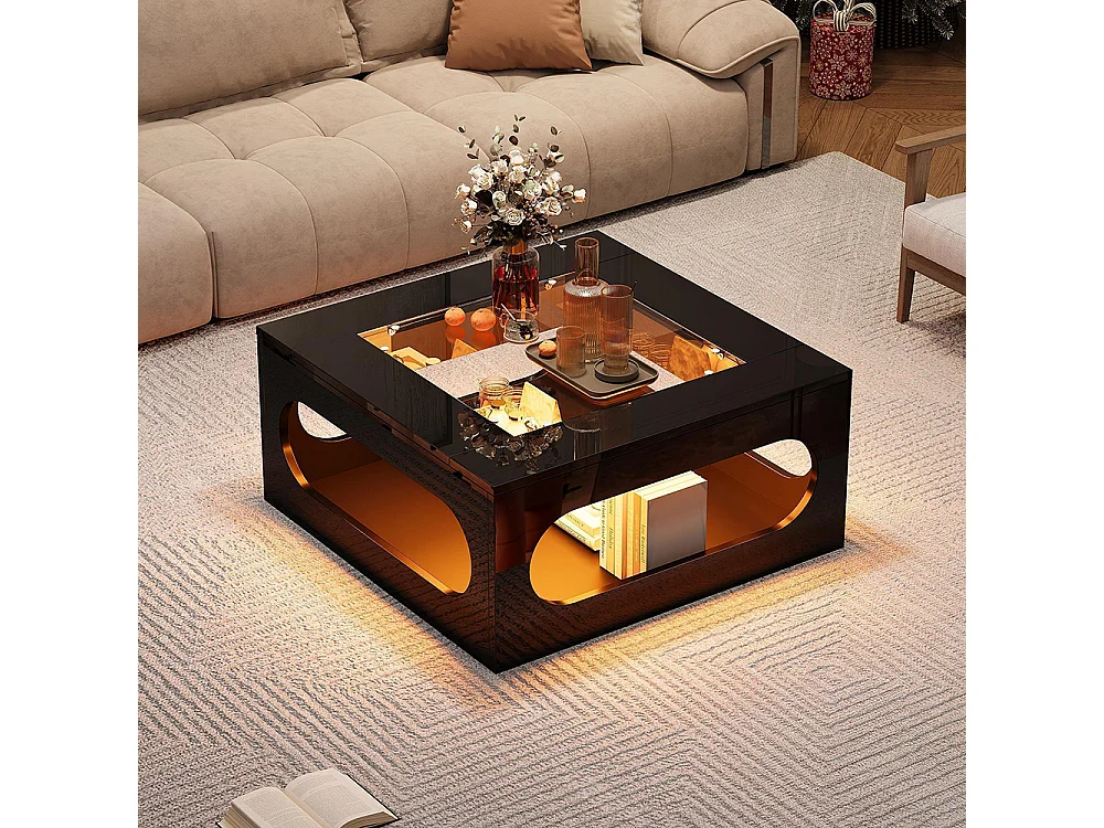 Table basse carrée creuse centre plateau verre trempé LED brillante noire MDF