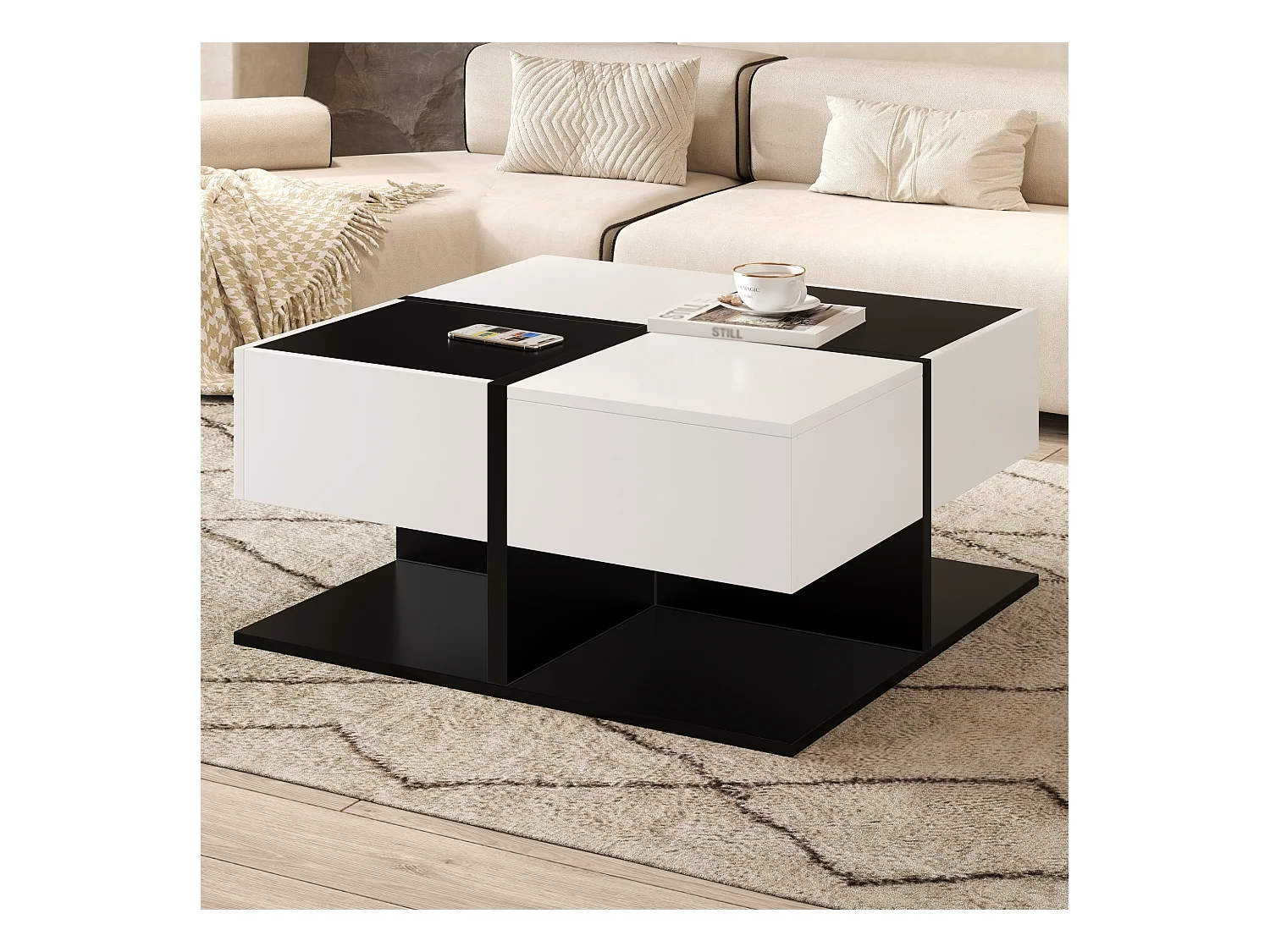 Table basse carrée noir et blanc - Table basse avec 2 tiroirs - panneau de particules