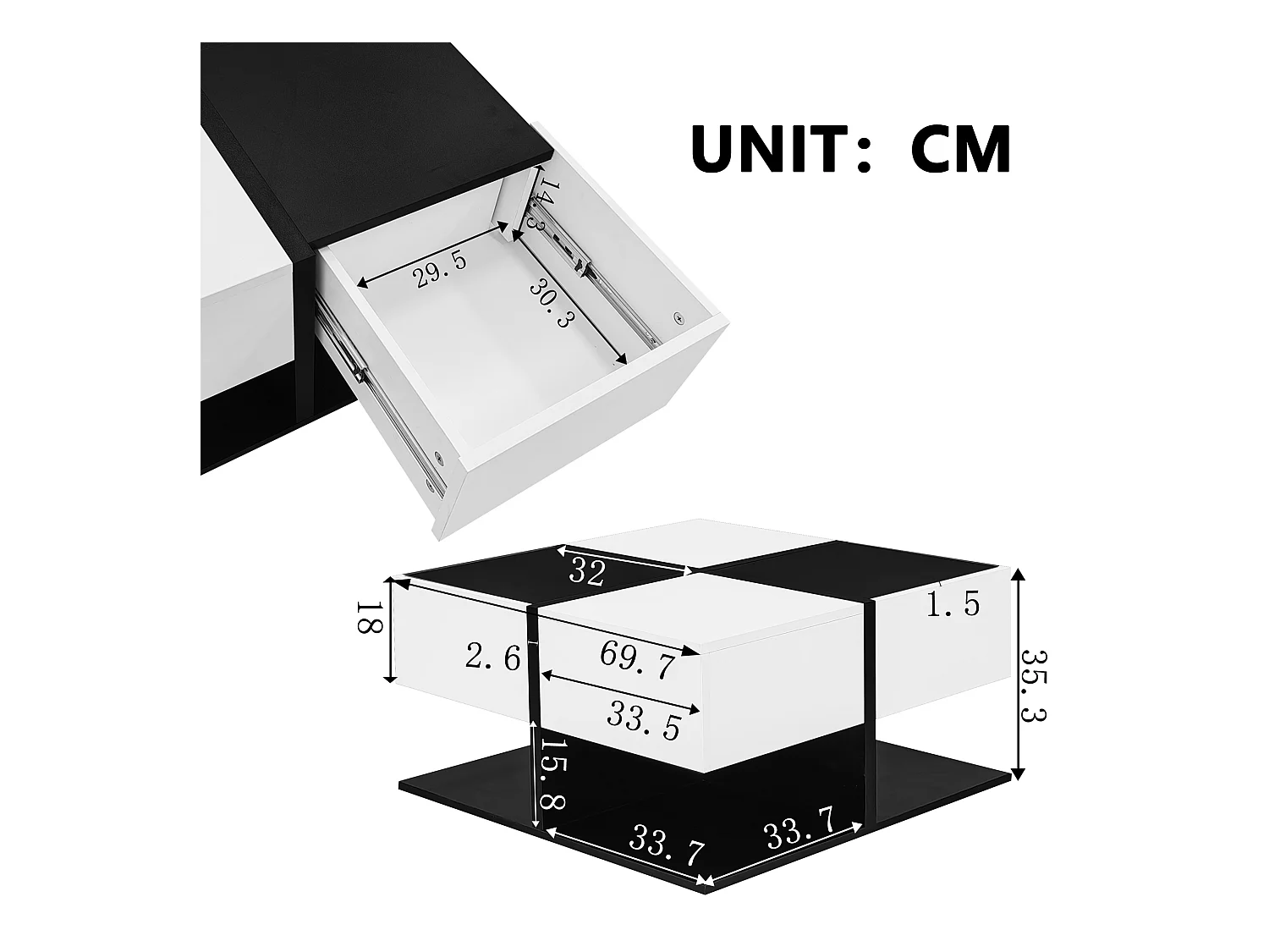 Table basse carrée noir et blanc - Table basse avec 2 tiroirs - panneau de particules