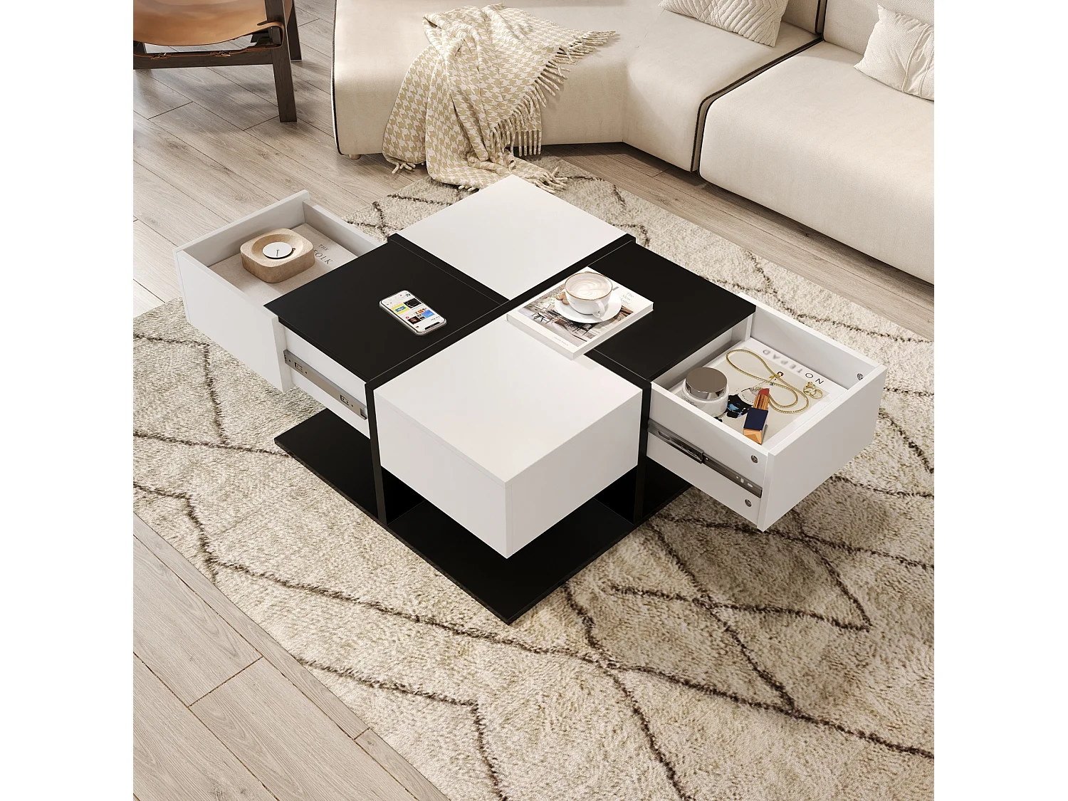 Mesa de centro cuadrada en blanco y negro - Mesa de centro con 2 cajones - tablero de partículas