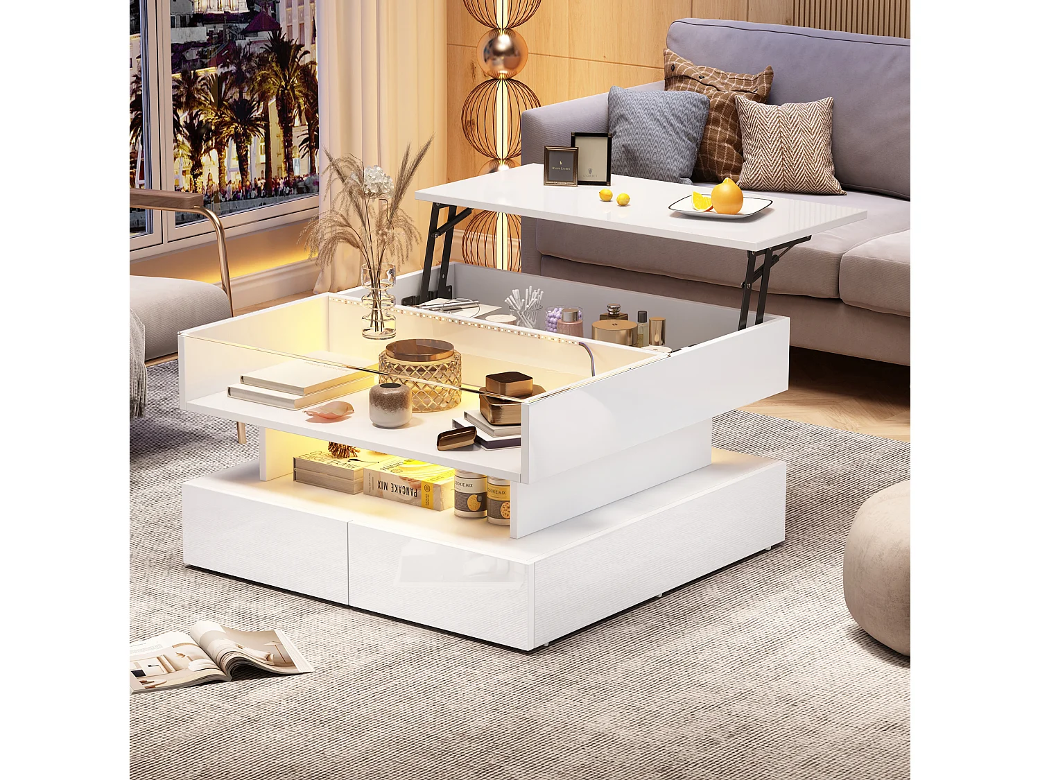 Table basse blanc avec éclairage LED - Table basse avec 2 tiroirs et plateau relevable - rangement ouvert