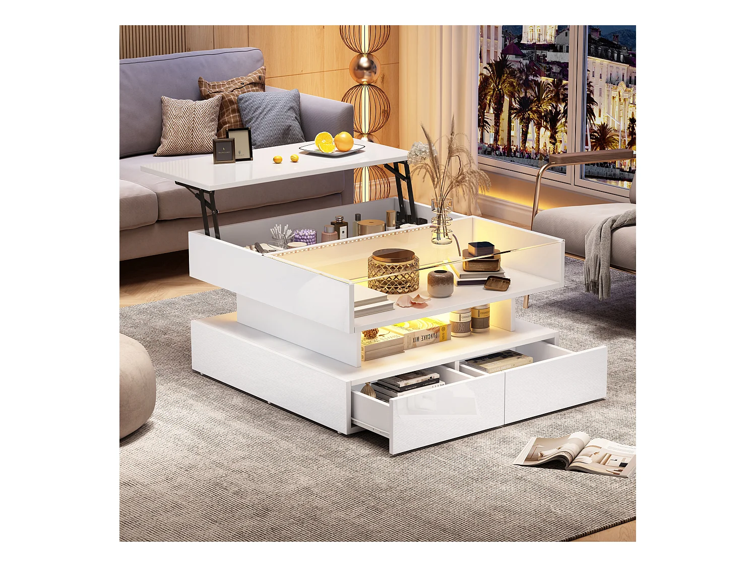Table basse blanc avec éclairage LED - Table basse avec 2 tiroirs et plateau relevable - rangement ouvert