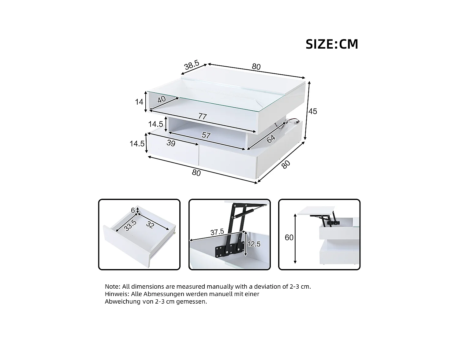 Table basse blanc avec éclairage LED - Table basse avec 2 tiroirs et plateau relevable - rangement ouvert
