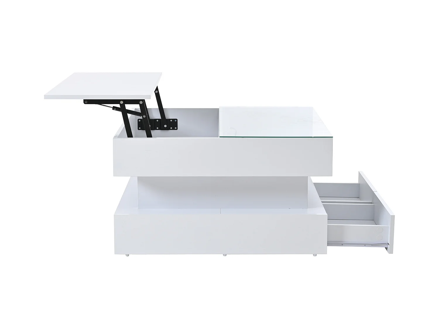 Table basse blanc avec éclairage LED - Table basse avec 2 tiroirs et plateau relevable - rangement ouvert