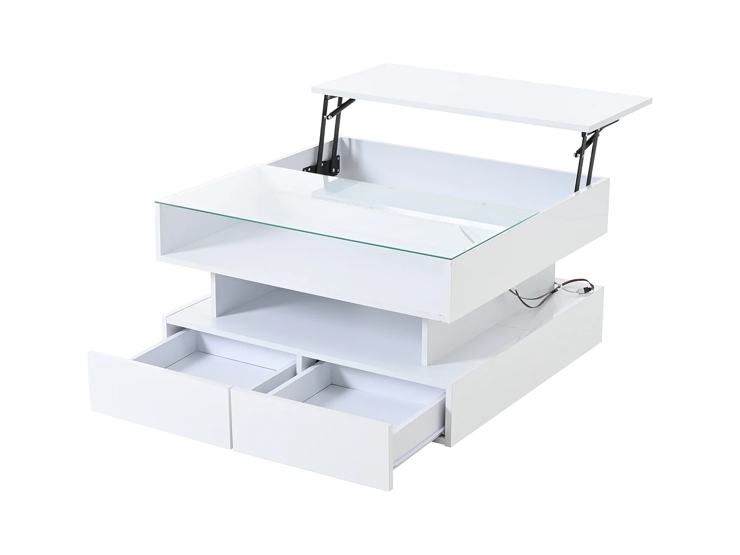 Table basse blanc avec éclairage LED - Table basse avec 2 tiroirs et plateau relevable - rangement ouvert