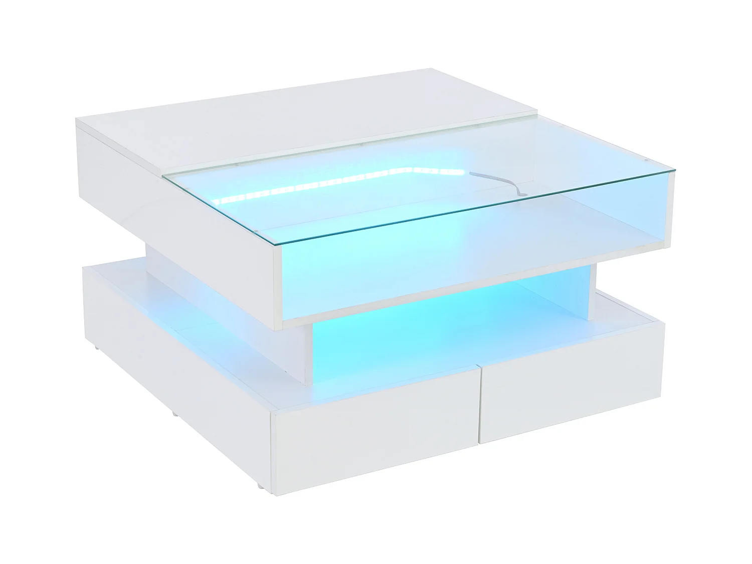 Table basse blanc avec éclairage LED - Table basse avec 2 tiroirs et plateau relevable - rangement ouvert