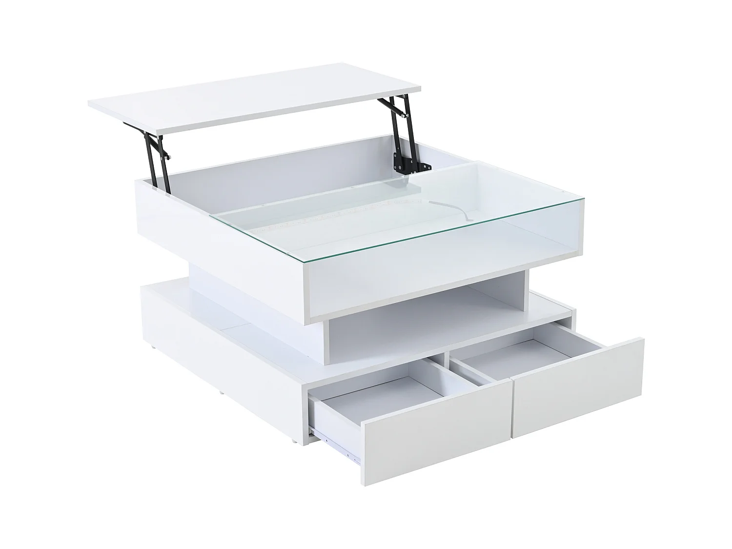 Table basse blanc avec éclairage LED - Table basse avec 2 tiroirs et plateau relevable - rangement ouvert