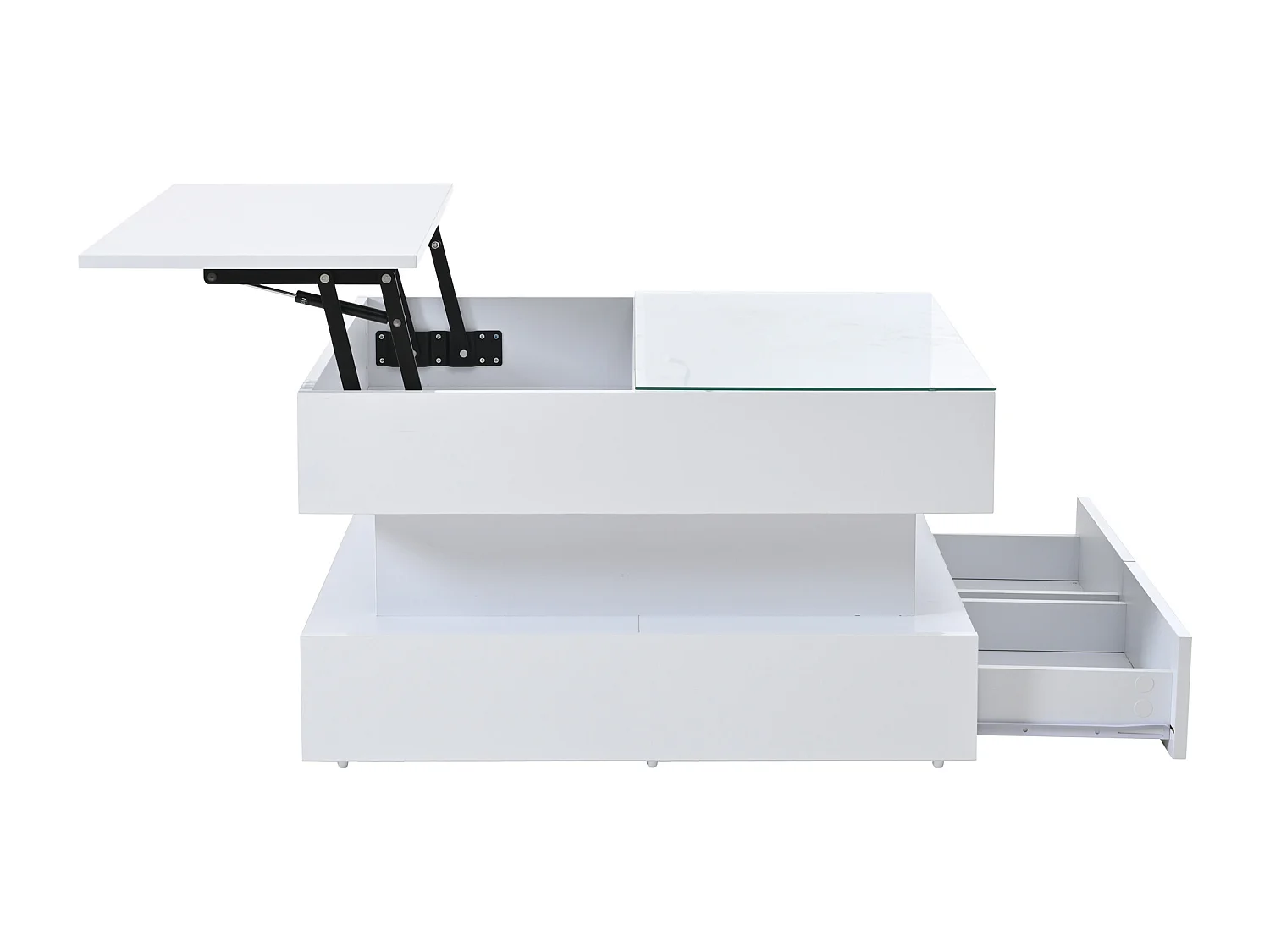 Mesa de centro branca com iluminação LED - Mesa de centro com 2 gavetas e tampo elevável - arrumação aberta