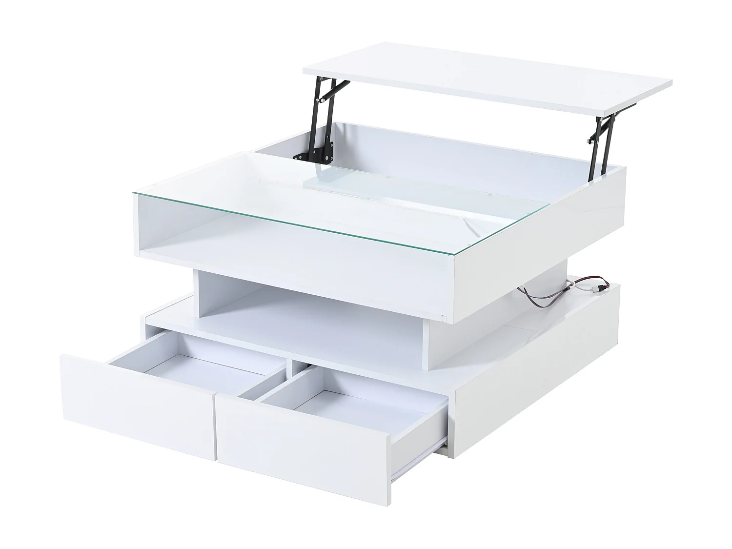 Mesa de centro branca com iluminação LED - Mesa de centro com 2 gavetas e tampo elevável - arrumação aberta