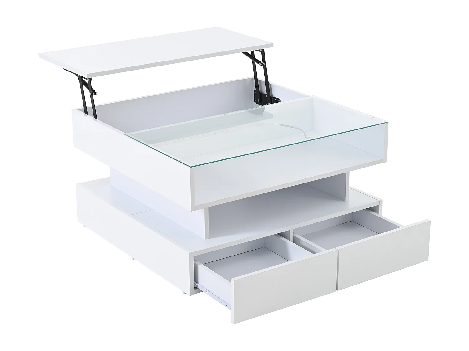 Mesa de centro branca com iluminação LED - Mesa de centro com 2 gavetas e tampo elevável - arrumação aberta