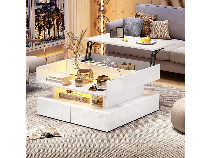 Witte salontafel met ledverlichting - Salontafel met 2 lades en opklapbaar blad - open opbergruimte