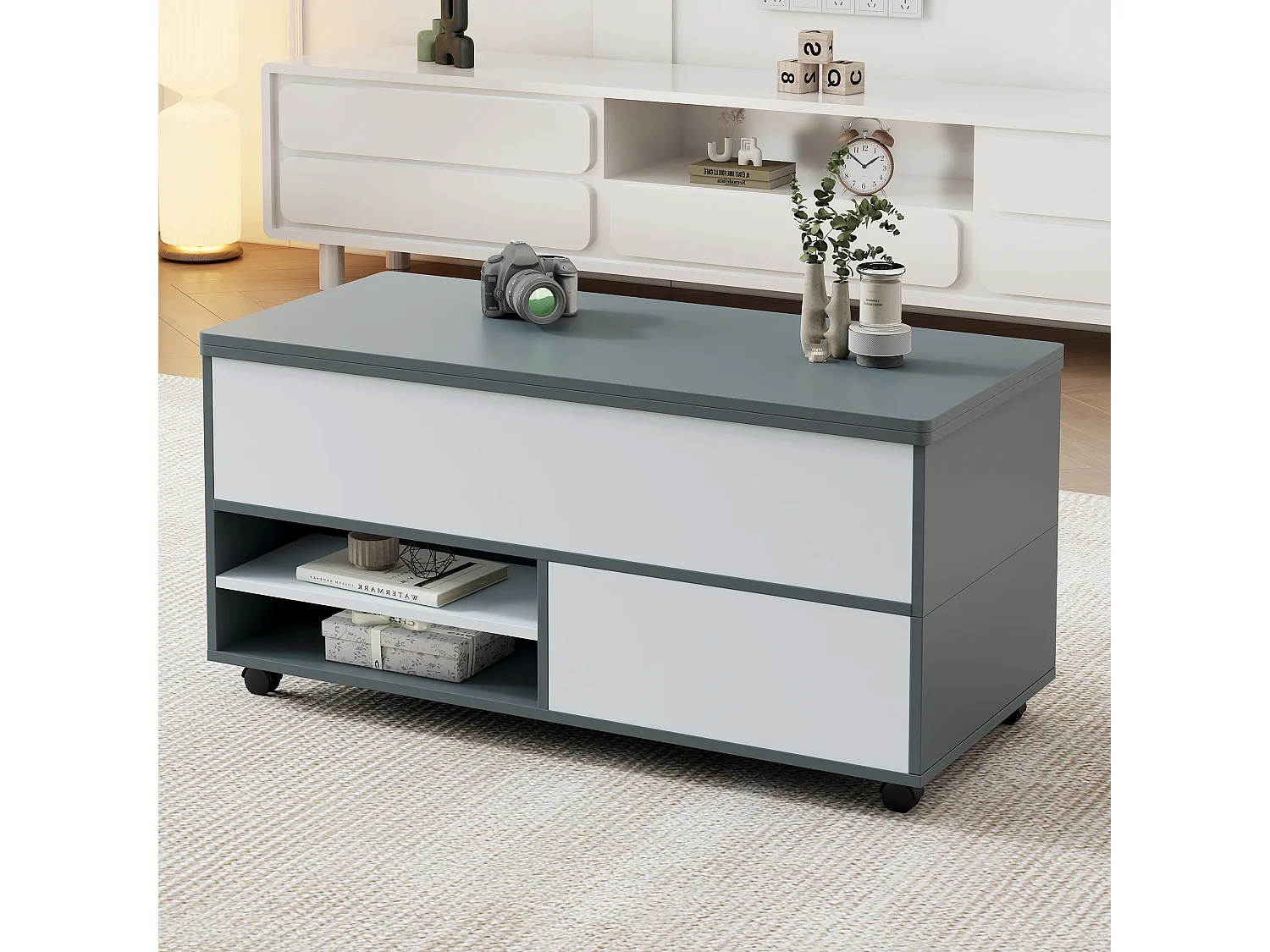 Table basse grise à hauteur réglable - Table basse avec 1 tiroir et 1 porte - rangement semi-ouvert