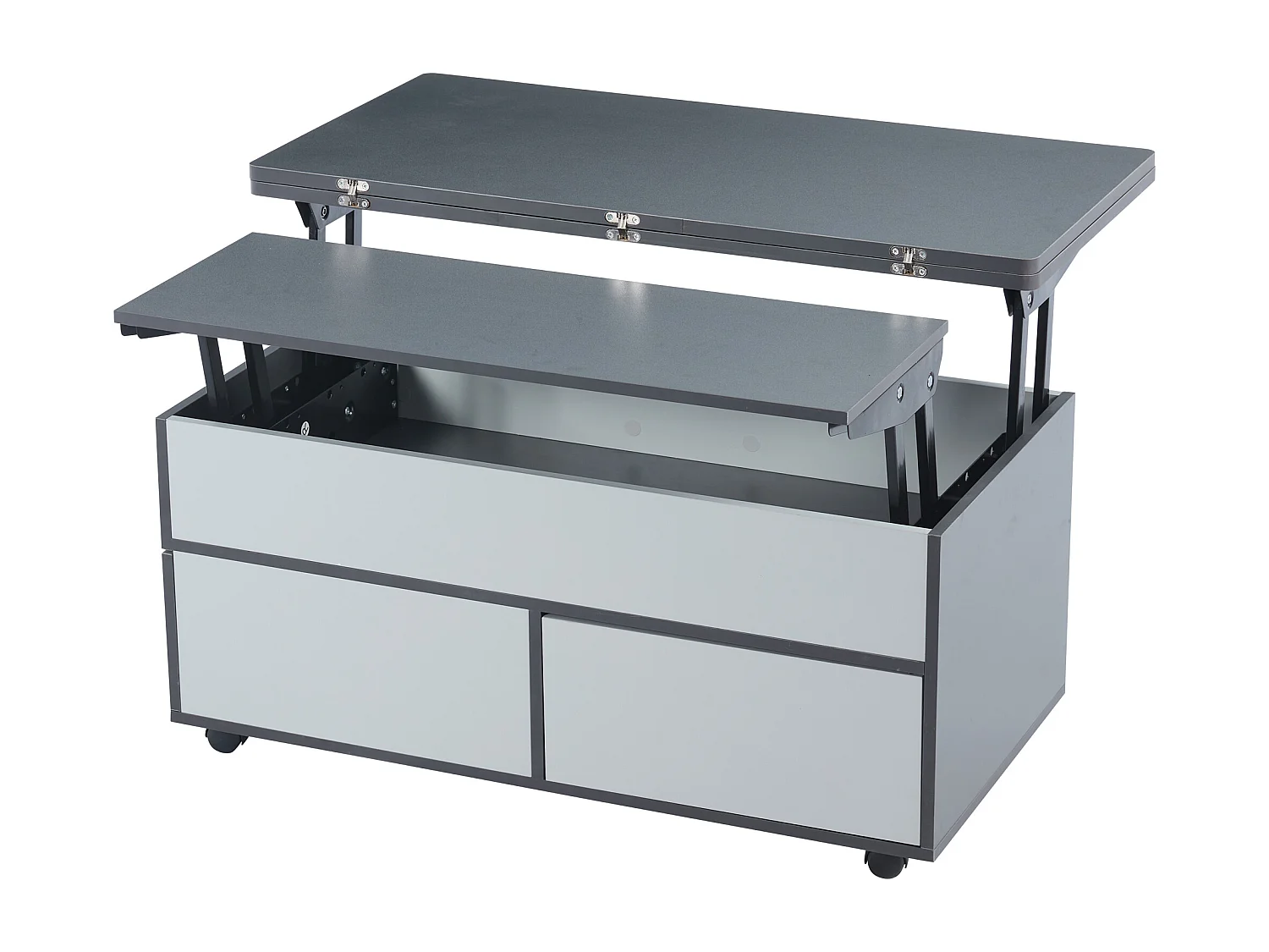 Table basse grise à hauteur réglable - Table basse avec 1 tiroir et 1 porte - rangement semi-ouvert