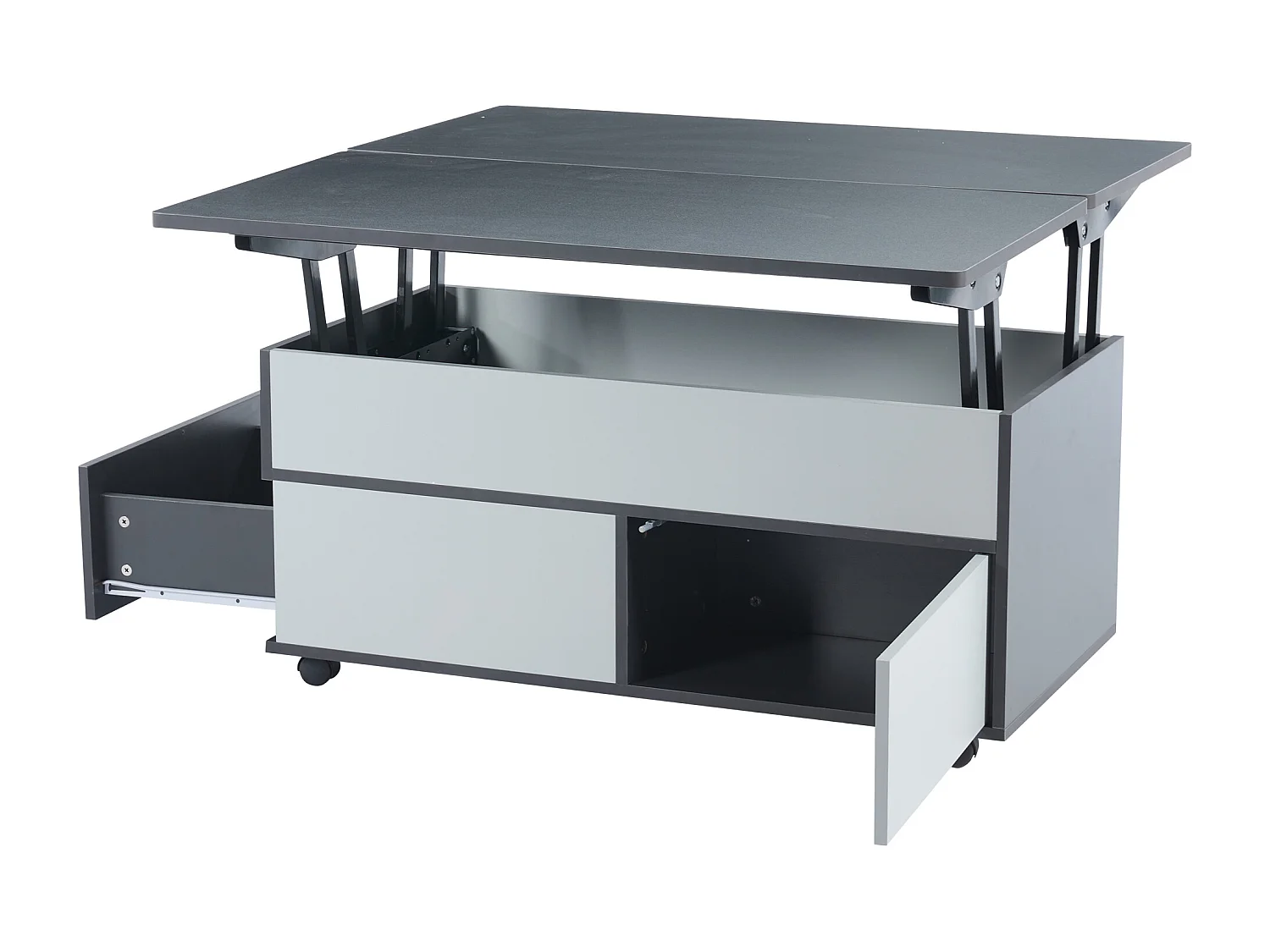 Table basse grise à hauteur réglable - Table basse avec 1 tiroir et 1 porte - rangement semi-ouvert