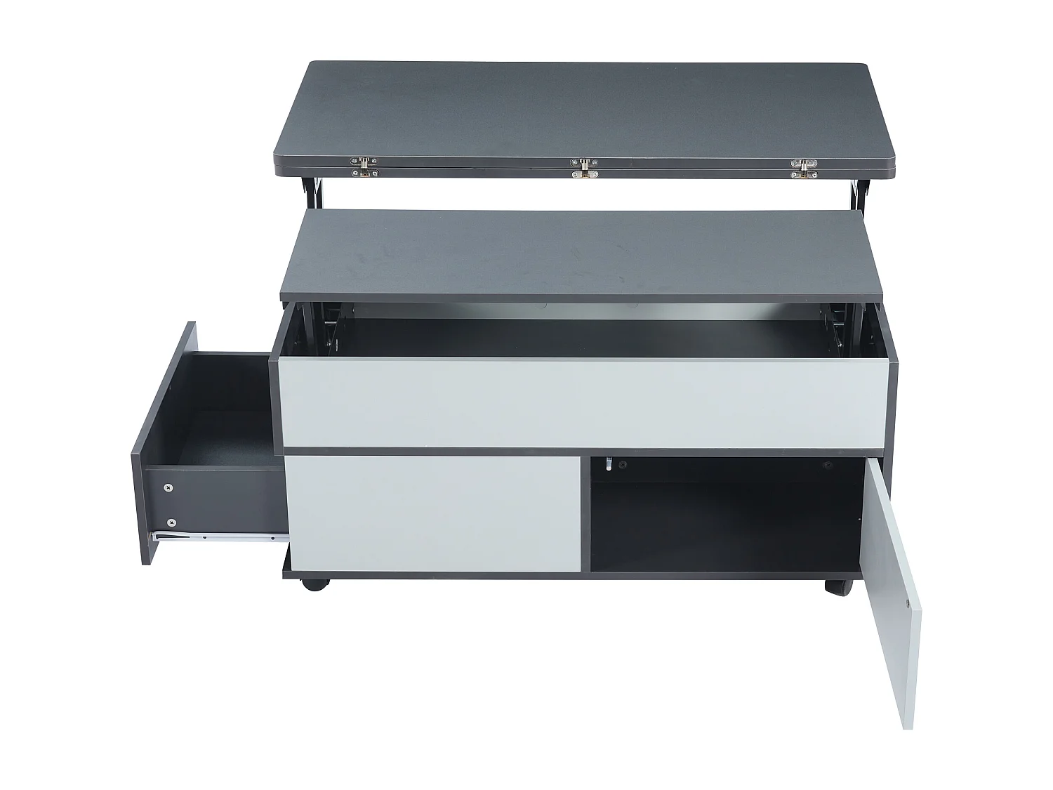 Table basse grise à hauteur réglable - Table basse avec 1 tiroir et 1 porte - rangement semi-ouvert