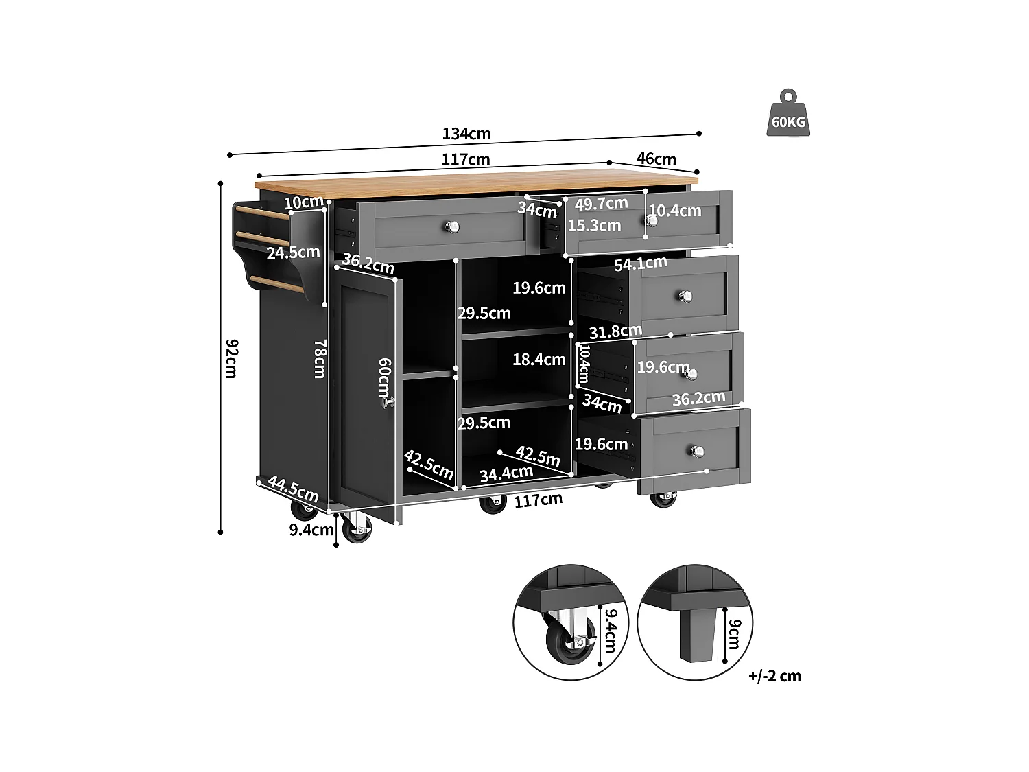 Ilha de cozinha preta com 5 gavetas - Carrinho de cozinha com 1 porta e 3 compartimentos abertos - Suporte para temperos e toalheiro