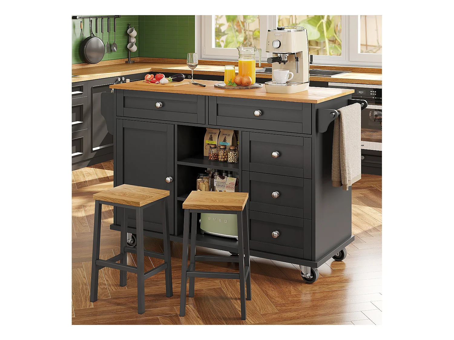 Îlot central de cuisine noir à 5 tiroirs - Desserte de cuisine à 1 porte et 3 compartiments de rangement ouverts - etagère à épices et porte-serviettes