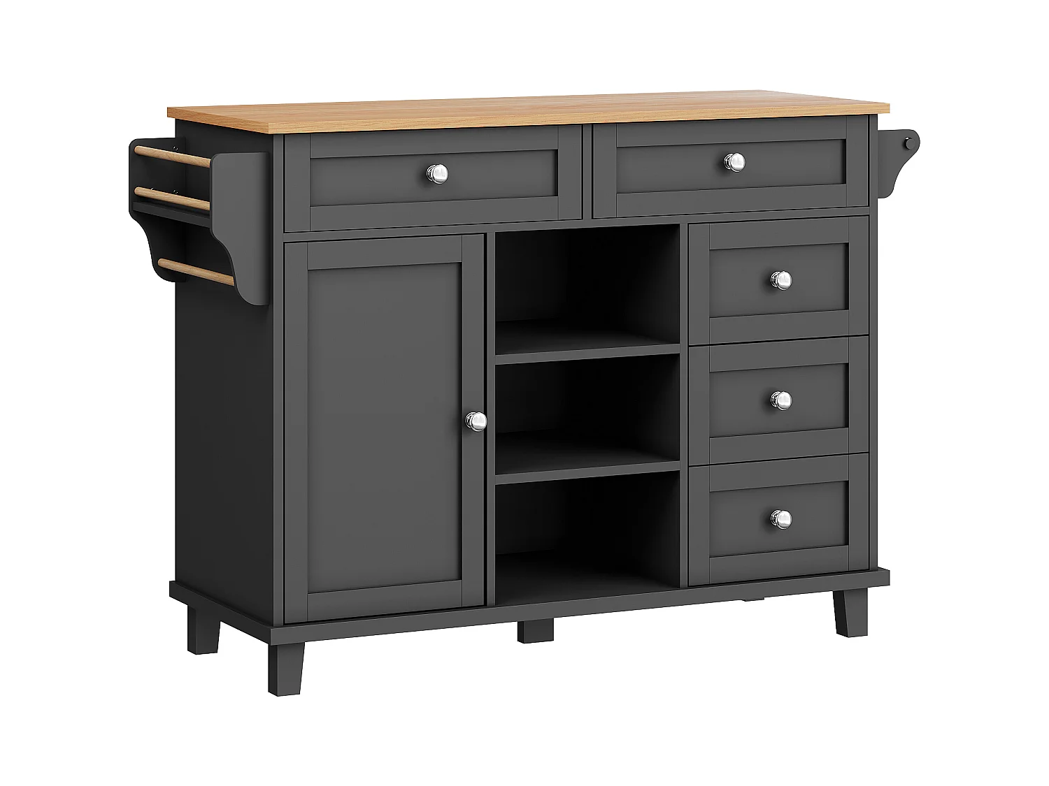 Czarna wyspa kuchenna z 5 szufladami - Wózek kuchenny z 1 drzwiami i 3 otwartymi schowkami - Półka na przyprawy i wieszak na ręczniki