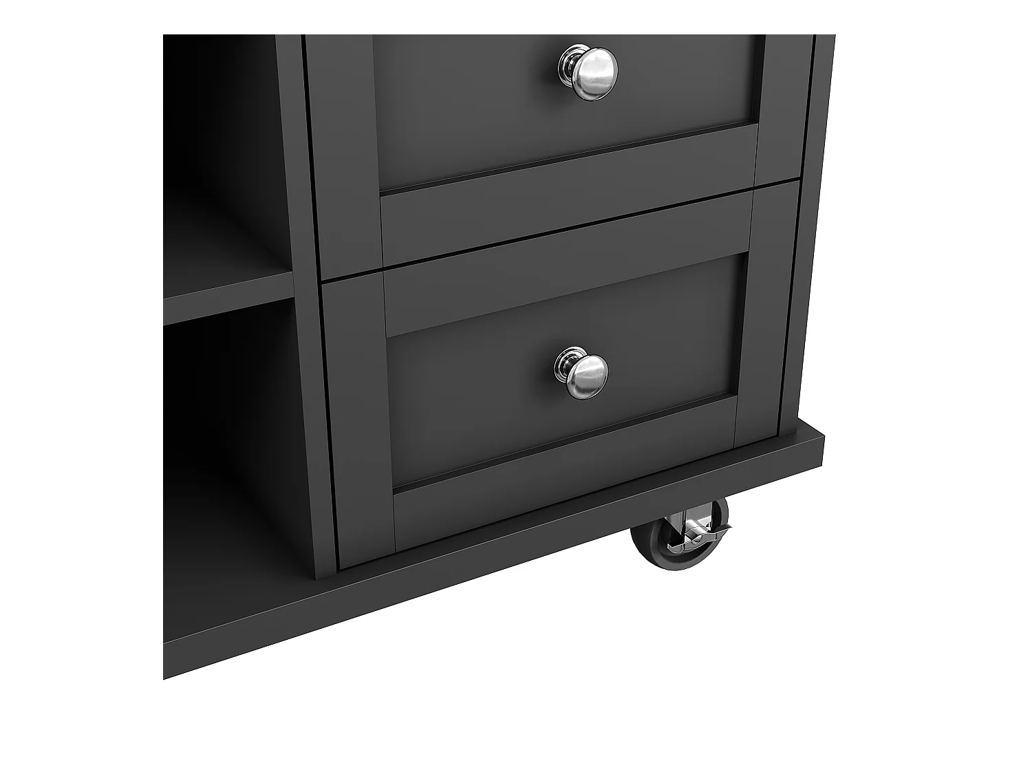 Czarna wyspa kuchenna z 5 szufladami - Wózek kuchenny z 1 drzwiami i 3 otwartymi schowkami - Półka na przyprawy i wieszak na ręczniki