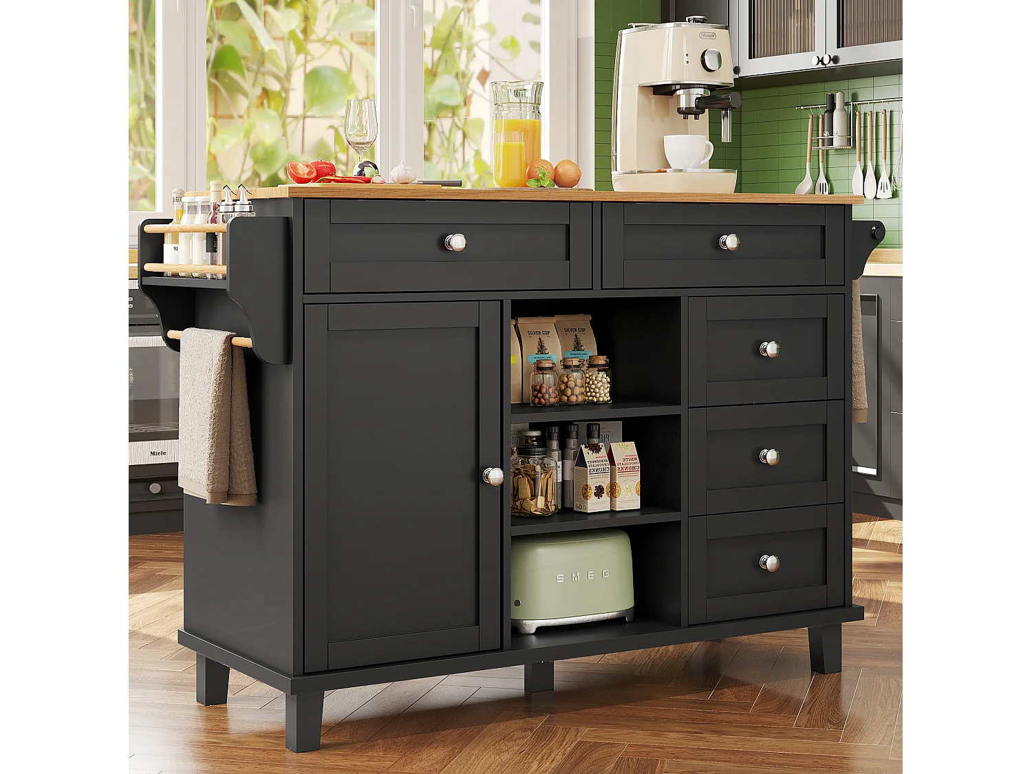 Czarna wyspa kuchenna z 5 szufladami - Wózek kuchenny z 1 drzwiami i 3 otwartymi schowkami - Półka na przyprawy i wieszak na ręczniki