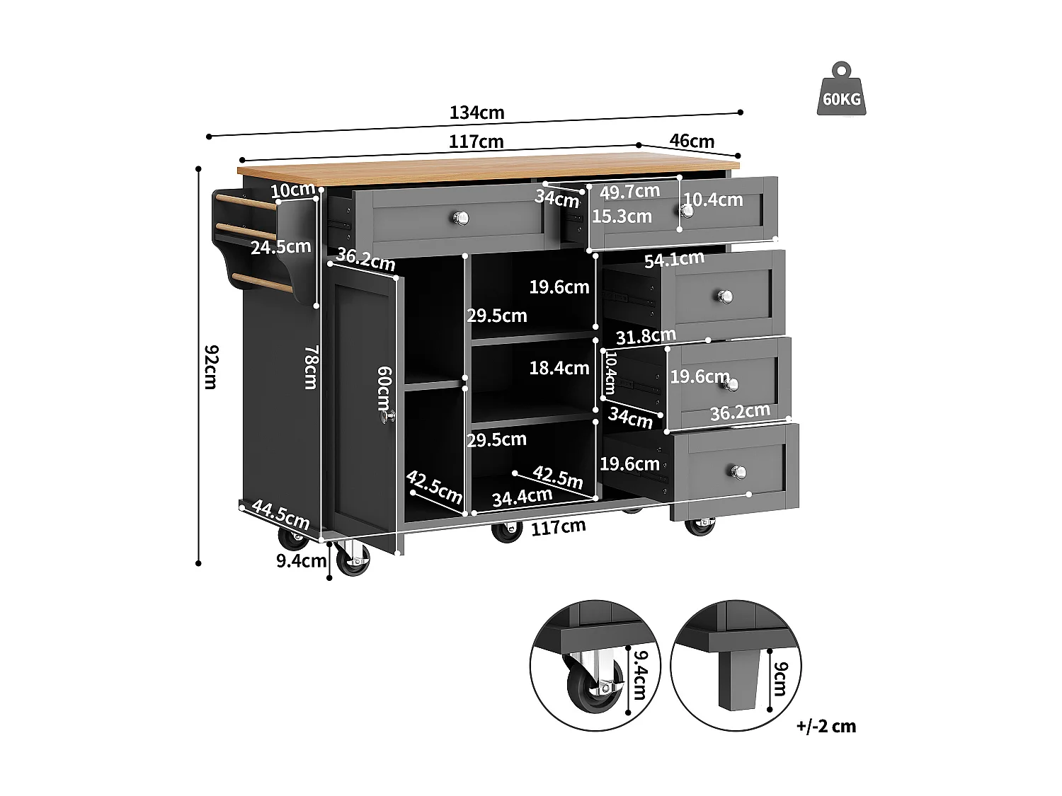 Czarna wyspa kuchenna z 5 szufladami - Wózek kuchenny z 1 drzwiami i 3 otwartymi schowkami - Półka na przyprawy i wieszak na ręczniki