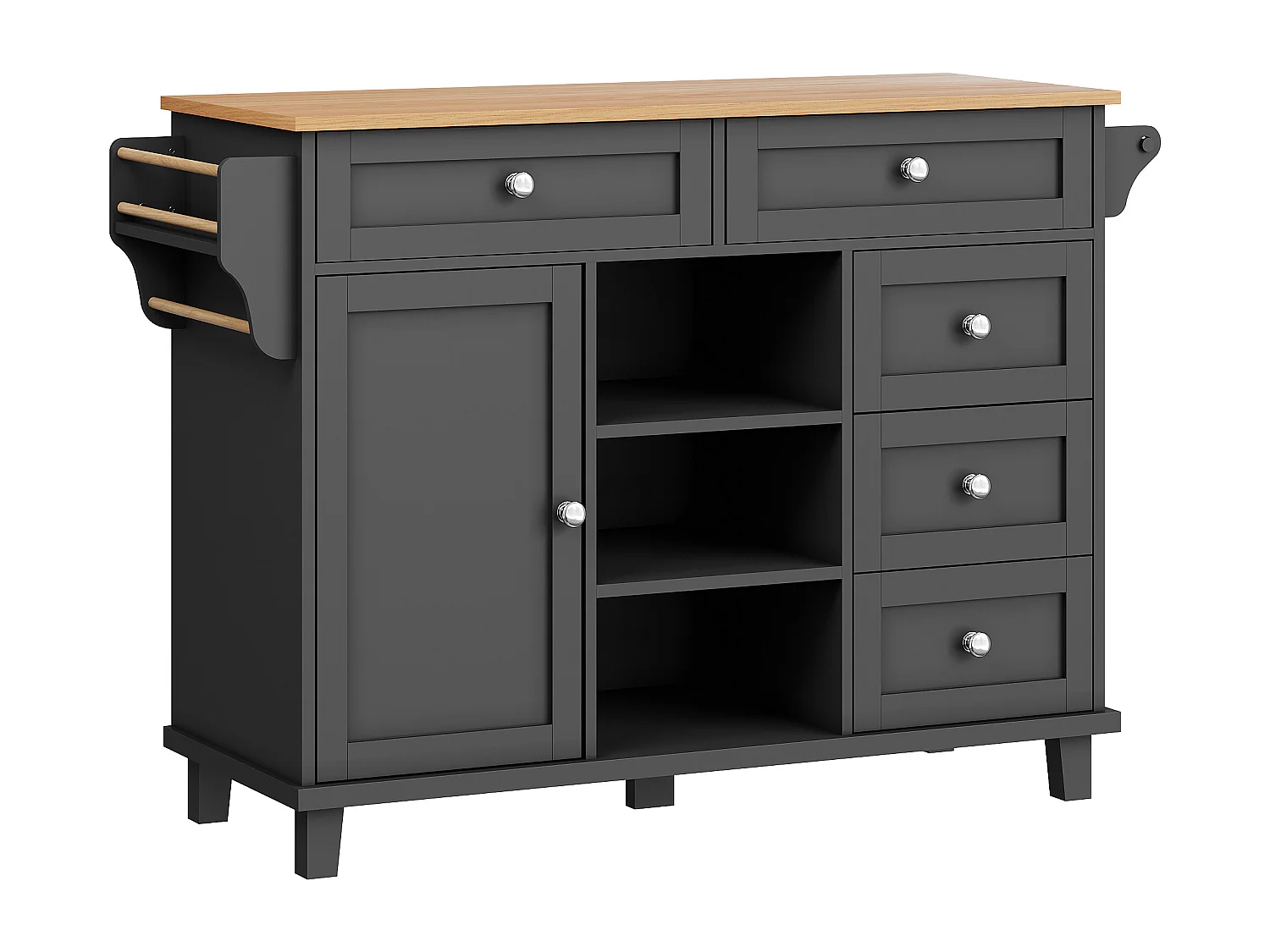 Czarna wyspa kuchenna z 5 szufladami - Wózek kuchenny z 1 drzwiami i 3 otwartymi schowkami - Półka na przyprawy i wieszak na ręczniki