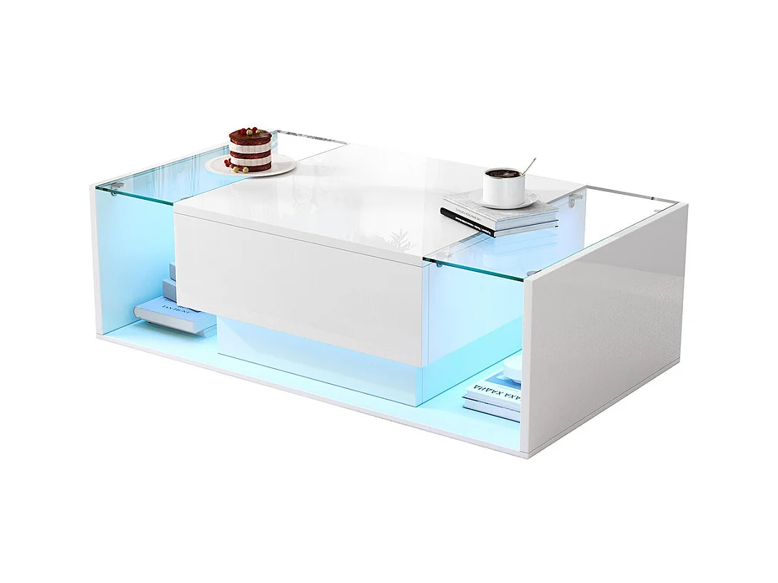 Table basse 1 tiroir LED bande lumineuse verre trempé brillante design minimaliste blanc
