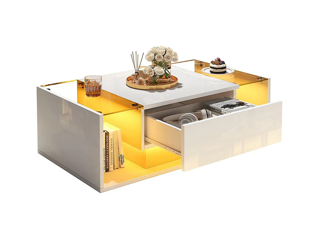 Table basse 1 tiroir LED bande lumineuse verre trempé brillante design minimaliste blanc