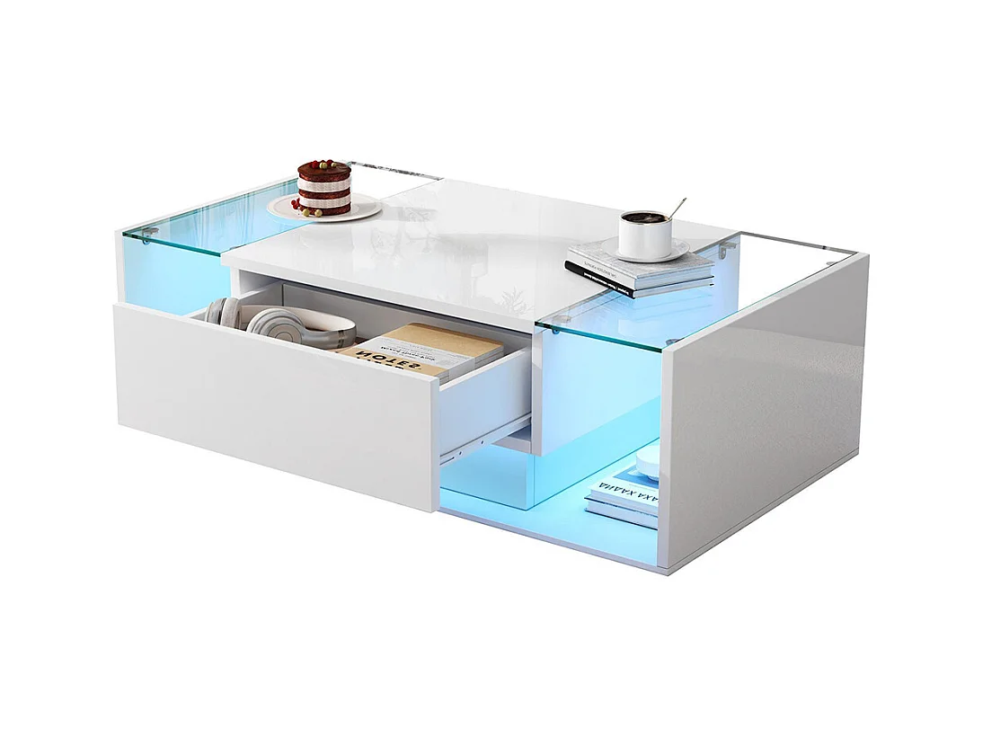 Table basse 1 tiroir LED bande lumineuse verre trempé brillante design minimaliste blanc