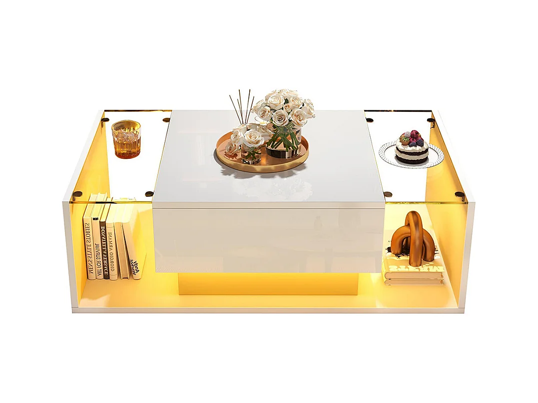 Table basse 1 tiroir LED bande lumineuse verre trempé brillante design minimaliste blanc