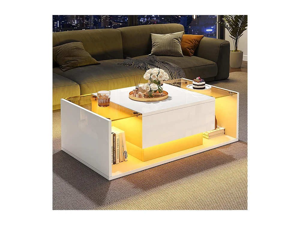 Table basse 1 tiroir LED bande lumineuse verre trempé brillante design minimaliste blanc