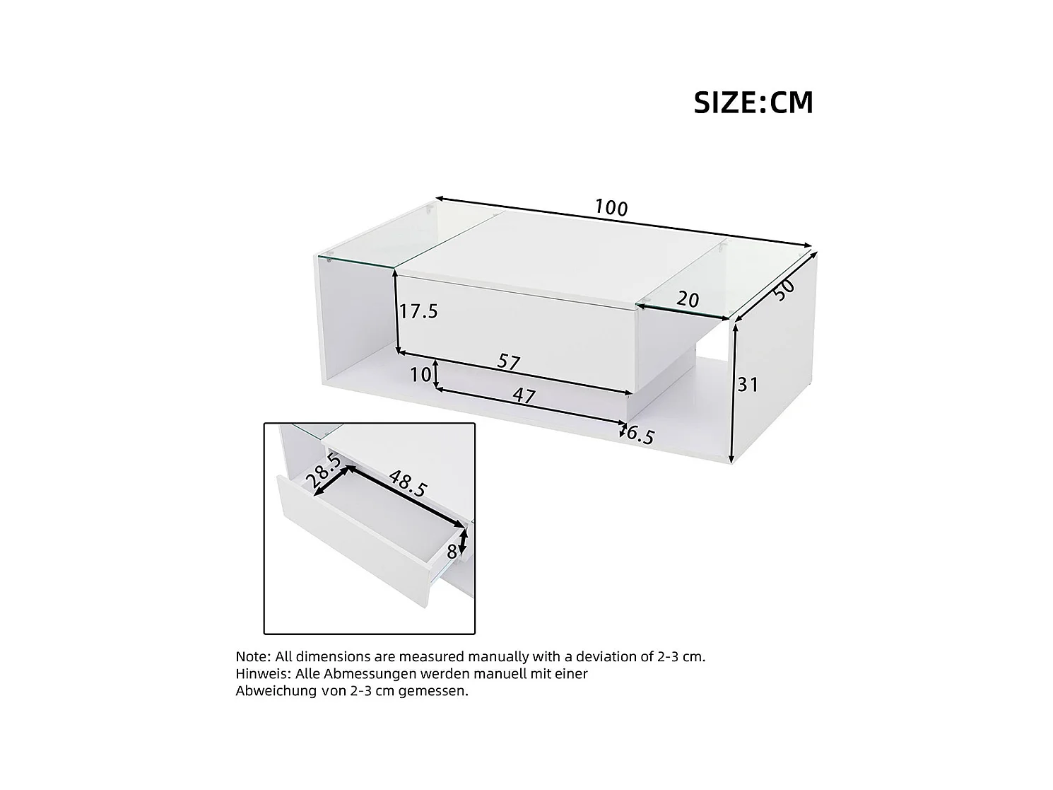 Table basse 1 tiroir LED bande lumineuse verre trempé brillante design minimaliste blanc