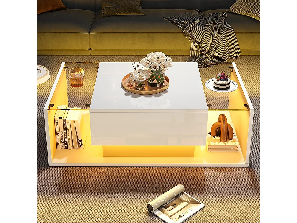 Table basse 1 tiroir LED bande lumineuse verre trempé brillante design minimaliste blanc