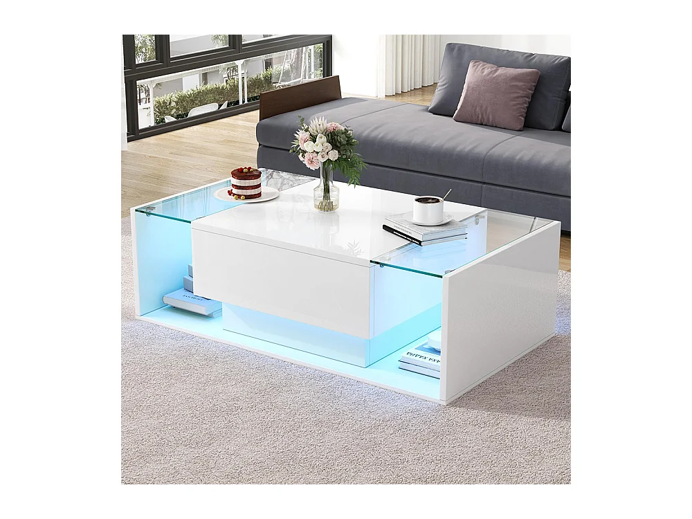 Table basse 1 tiroir LED bande lumineuse verre trempé brillante design minimaliste blanc