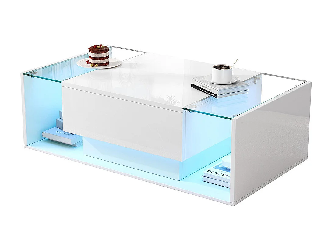 Table basse 1 tiroir LED bande lumineuse verre trempé brillante design minimaliste blanc